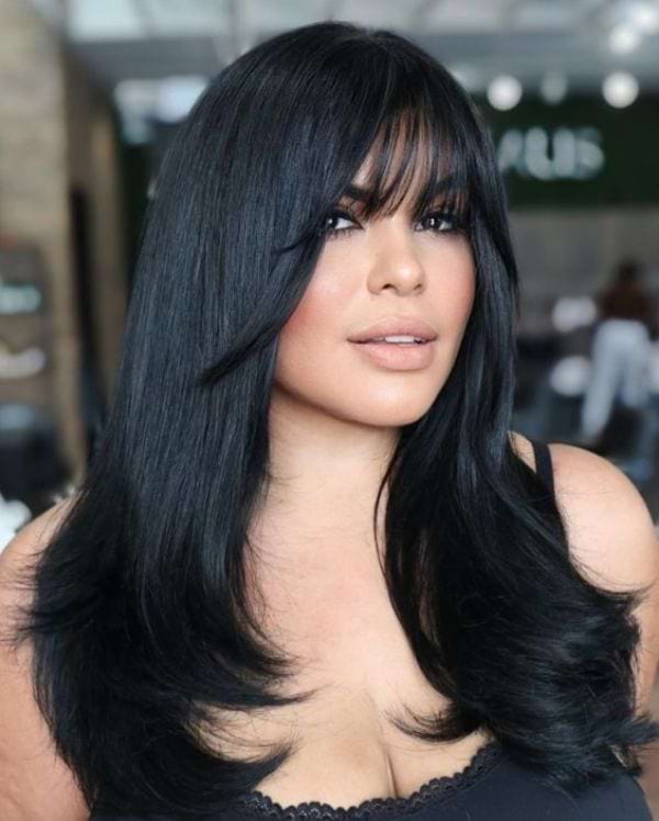 Schwarzes Haar Long Bob mit Pony