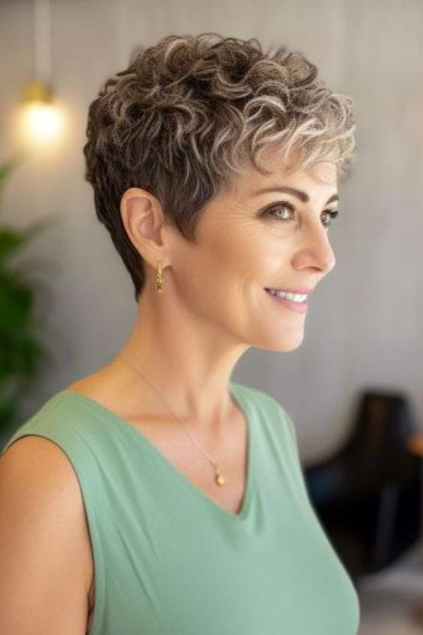 Pixie Cut fuer aeltere Frauen: Freche Locken dank Curly Pixie